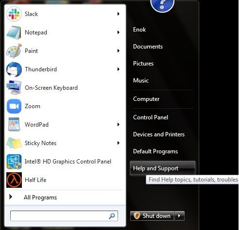 Windows "Help and Support" in Start Menu