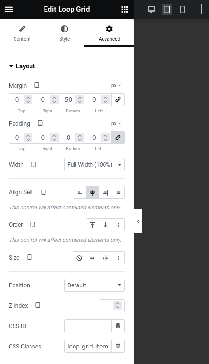 CSS Classes field for a Loop Grid.