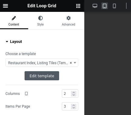 Loop Grid settings for number of columns and number of items per page.